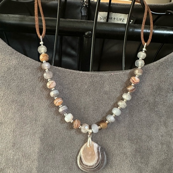 Botswana Agate Pendant and Beaded Necklace on Brown Faux Leather Double Rope - Picture 14 of 15
